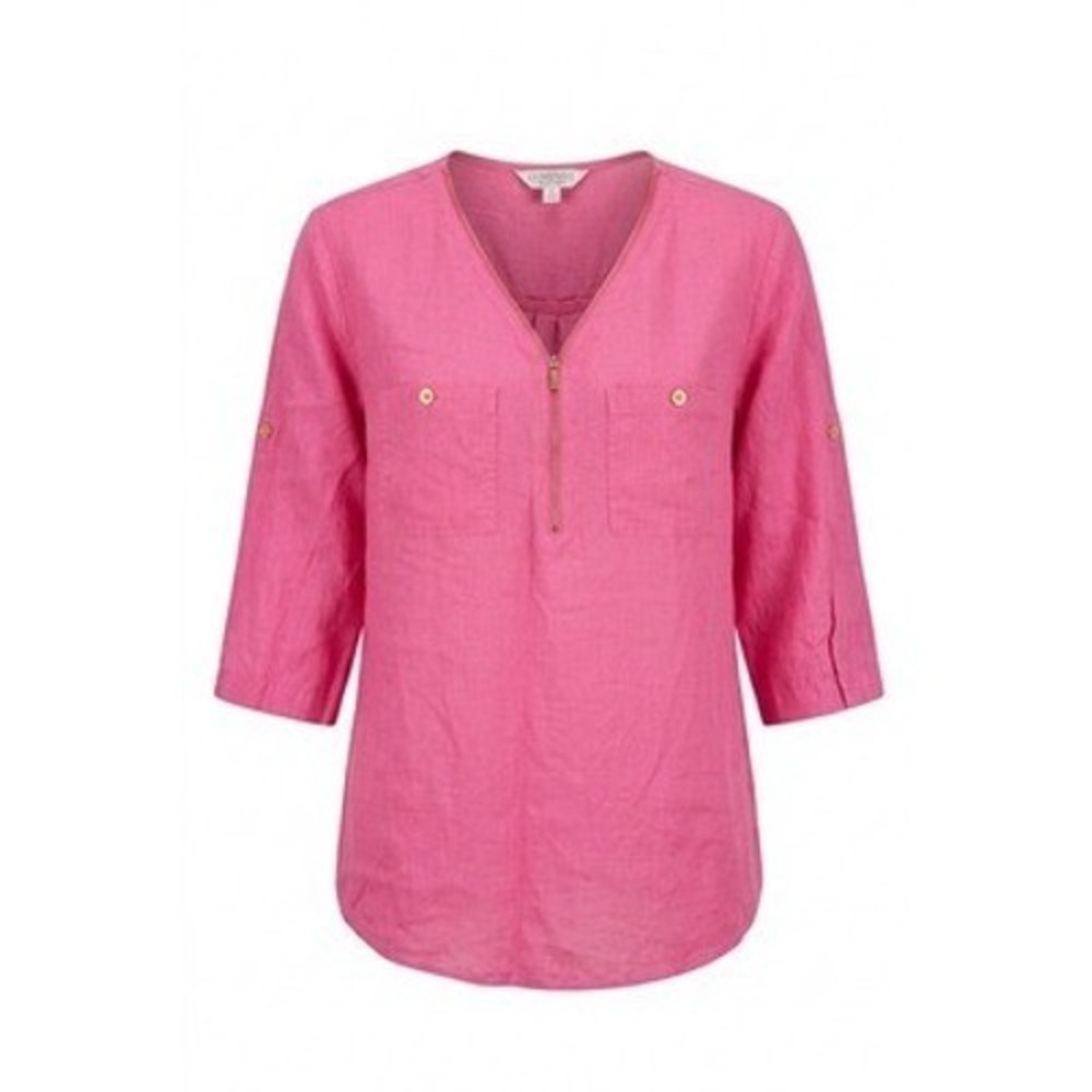 Company Ellen Tracy 100% Linen Tunic Top Women XL Pink Zip Roll Tab Beachy Vaca